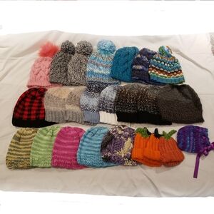 Bundle 24 NEW Handmade Knitted & Crochet Beanies Hats Baby To Adult Sizes Resell